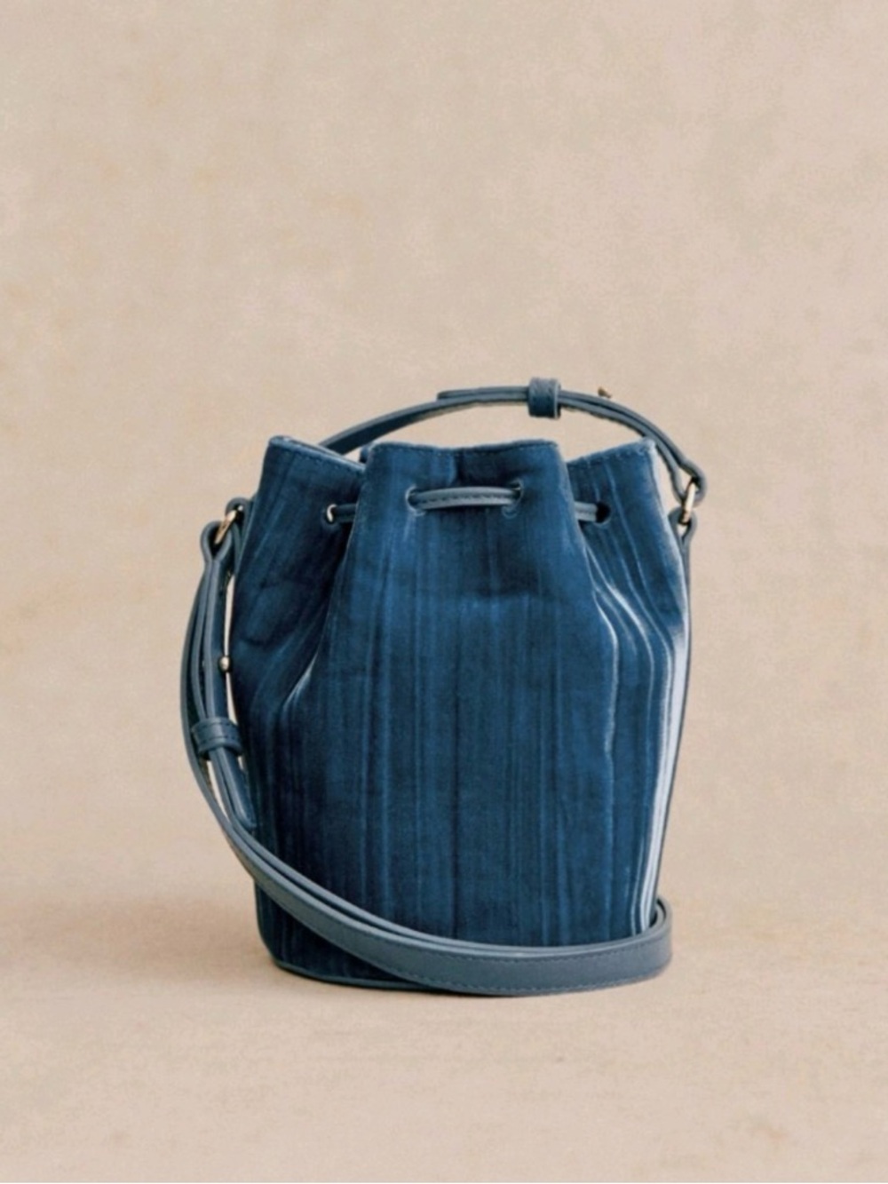 Sezane Blue Velvet Drawstring Bucket Bag